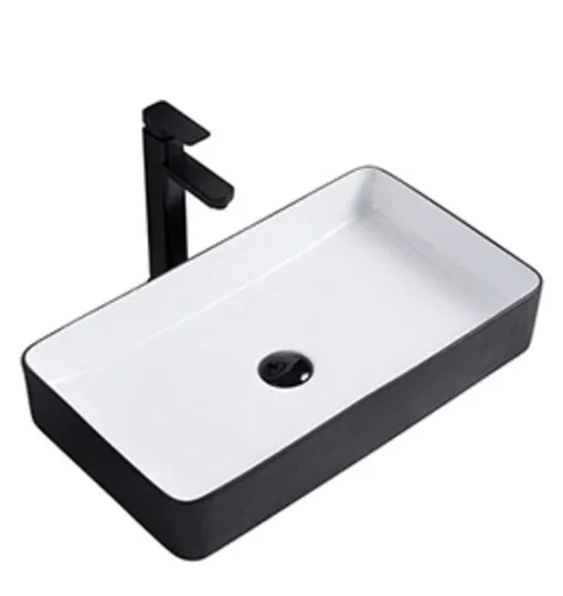 Rectangular basin with black exterior and tall black mixer