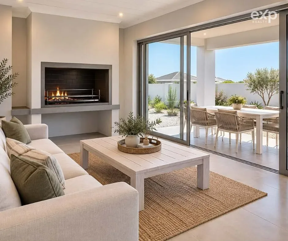Living room with indoor braai opening to patio